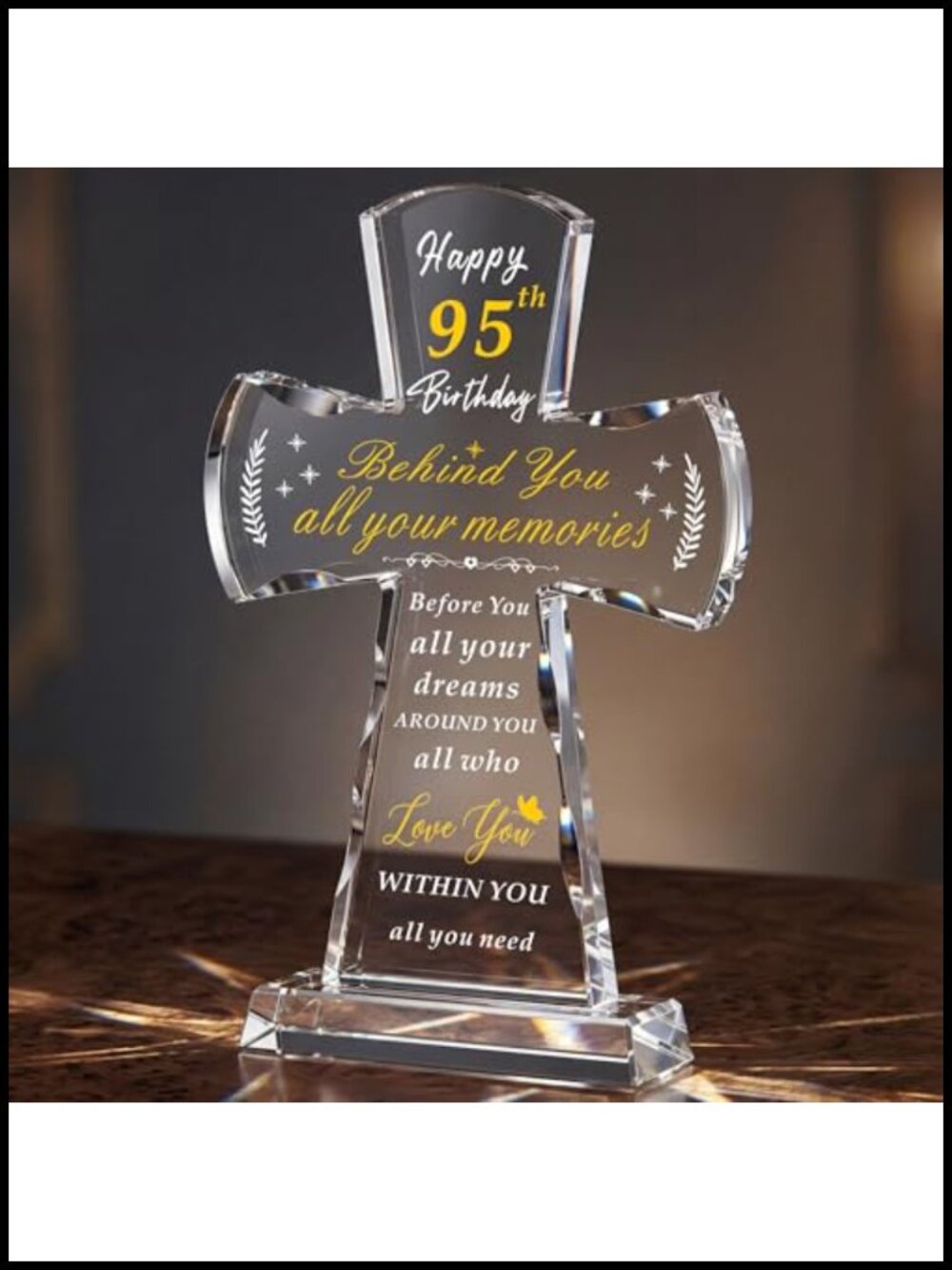 Glass Cross 95th Birthday Gift with Stand Engraved Keepsake